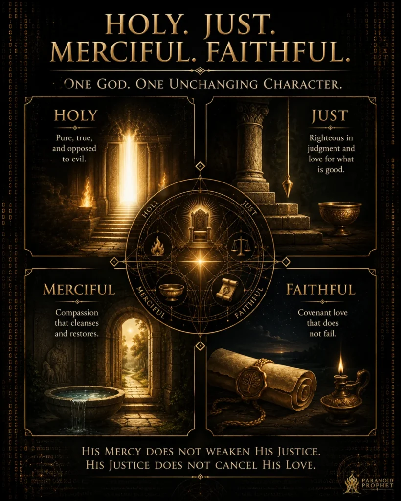 Christian infographic showing God’s unified character through four attributes: holy, just, merciful, and faithful, arranged around a central covenant-and-throne seal.