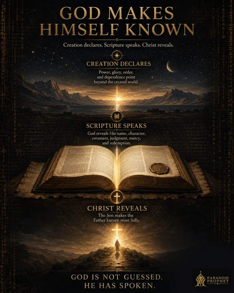 Christian infographic showing how God makes Himself known through creation, Scripture, and Jesus Christ, with a starry created world, open Bible, and cross-lit Christ figure connected in a vertical sequence.