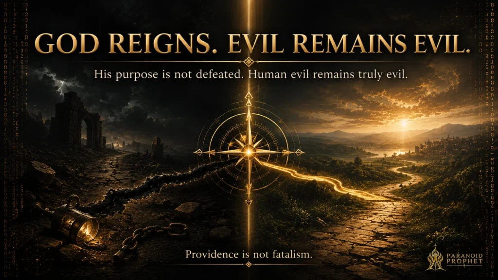 Christian editorial banner showing a fractured dark path, a central providence compass, and a hopeful horizon, explaining that God reigns while human evil remains truly evil.