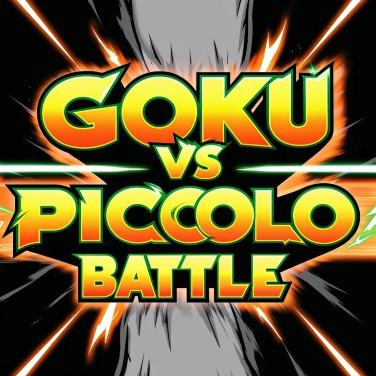 "Dynamic text design featuring 'Goku vs Piccolo Battle' in bold anime-inspired font, with vibrant orange and green colors and glowing outlines."