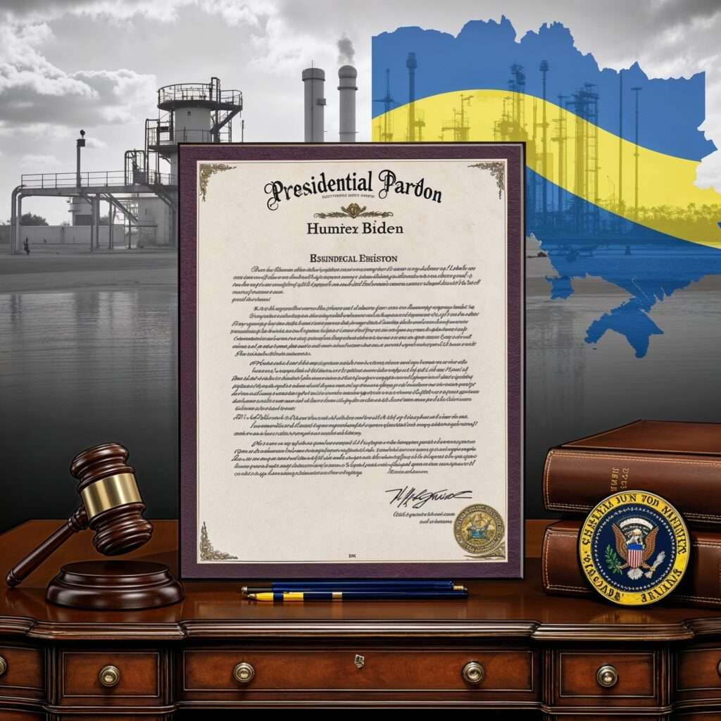 A presidential pardon document for Hunter Biden, with imagery of a natural gas facility and Ukraine's map symbolizing Burisma