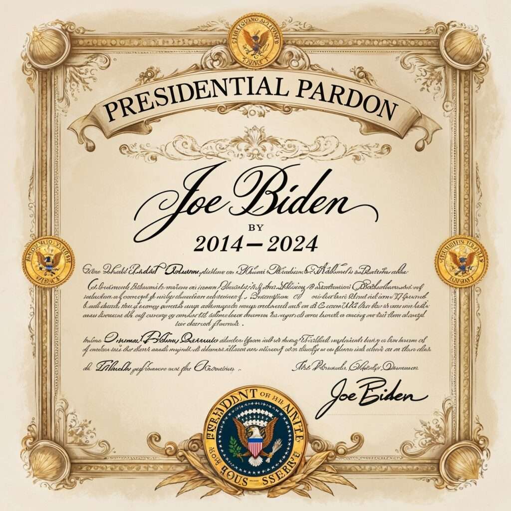 "An ornate presidential pardon document signed by Joe Biden, covering the years 2014 to 2024."
