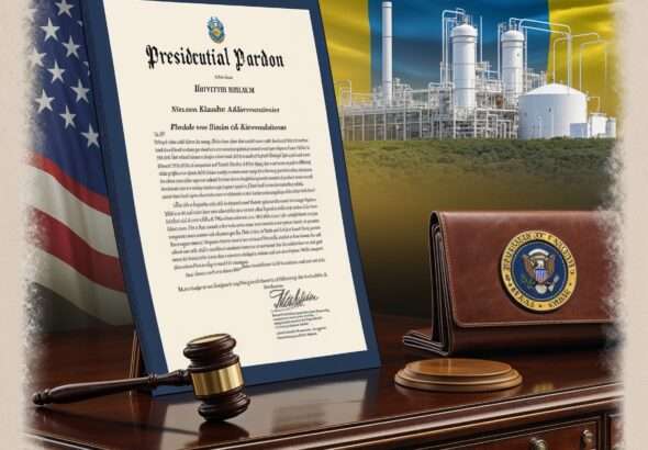 Hunter Biden's presidential pardon displayed with the American and Ukrainian flags and a natural gas facility in the background