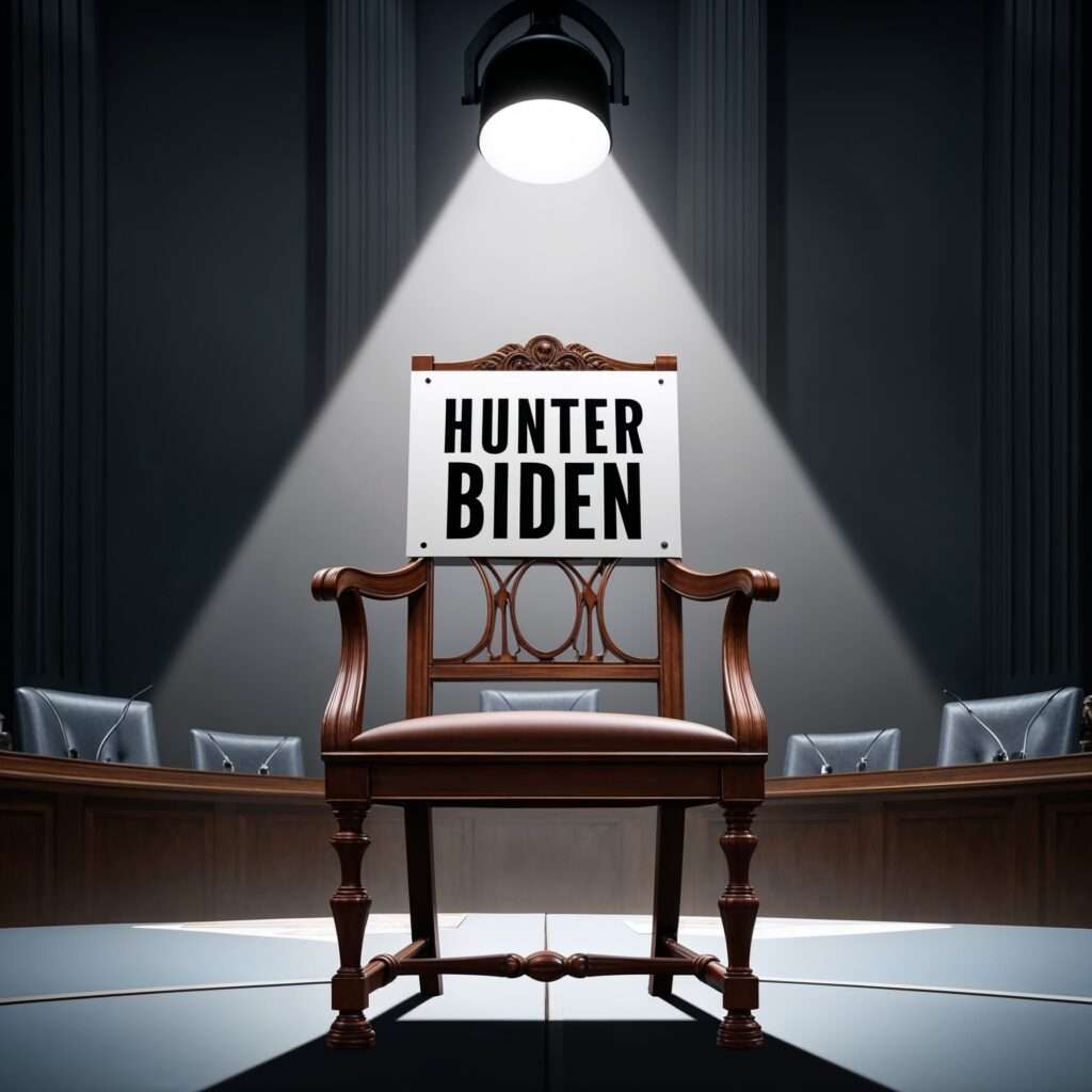 "An empty witness chair in a courtroom spotlighted with a sign reading 'Hunter Biden,' symbolizing upcoming testimony."