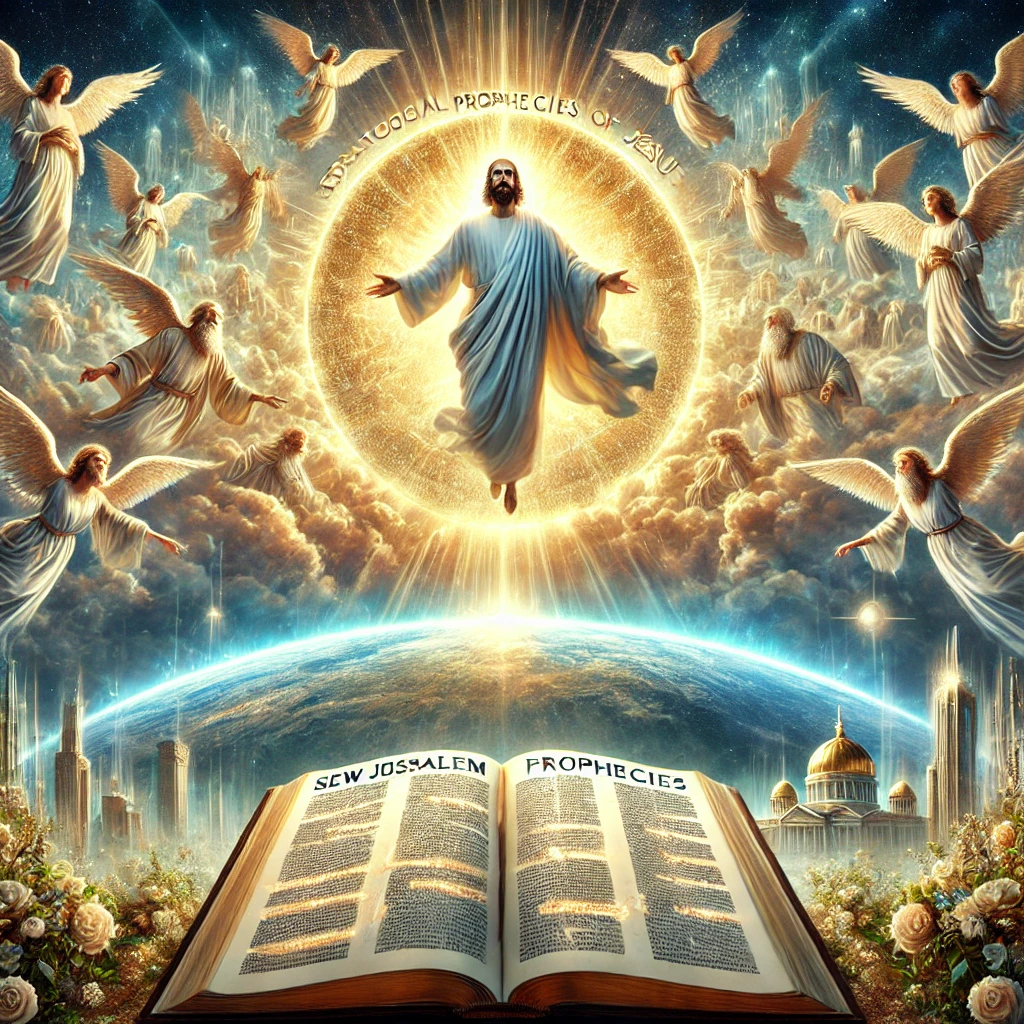 A majestic and radiant depiction of Jesus Christ returning in glory, surrounded by a heavenly host, set against a backdrop of a brilliant, glowing sky.