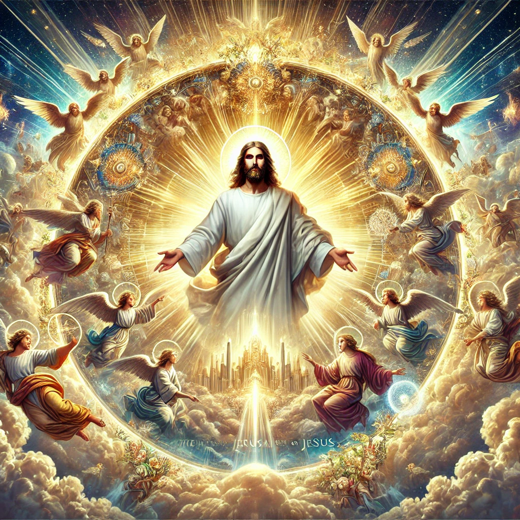 A majestic and radiant depiction of Jesus Christ in a glorious heavenly setting, symbolizing eschatological themes. Jesus is surrounded by angelic hosts and divine light