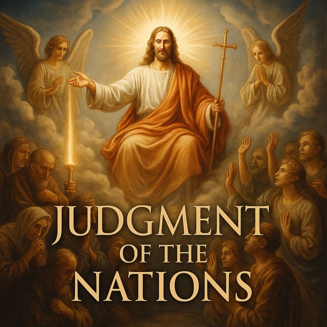 “Jesus seated on a heavenly throne surrounded by multitudes, judging the nations in righteousness with open books and divine light”