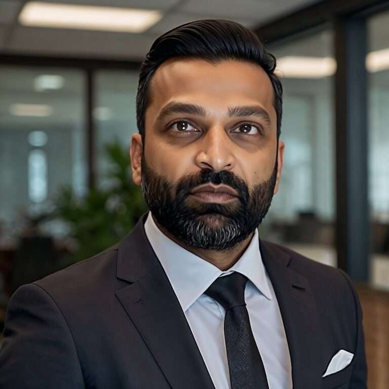 Kash Patel as Director of the FBI, wearing a dark suit and tie, standing in a professional office environment with a focused expression, symbolizing leadership and authority."