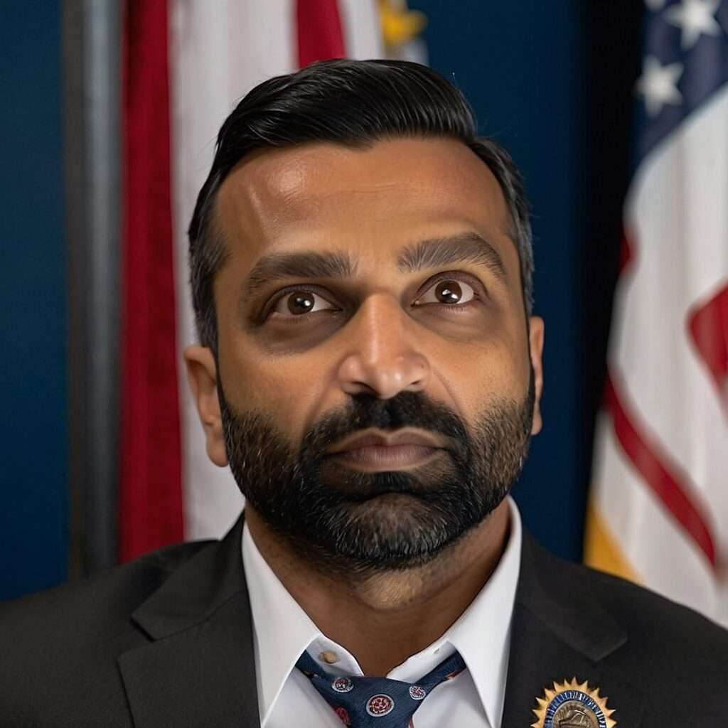 "Close-up portrait of Kash Patel as FBI Director, wearing a dark suit with an FBI badge and American flag pin, standing against a backdrop of American flags, symbolizing leadership and national security."