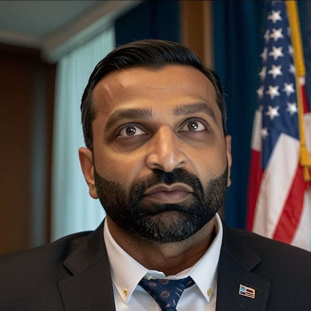 "Close-up portrait of Kash Patel as FBI Director, wearing a dark suit and tie with an American flag pin, standing in a formal office with U.S. flags in the background, symbolizing authority and leadership."

