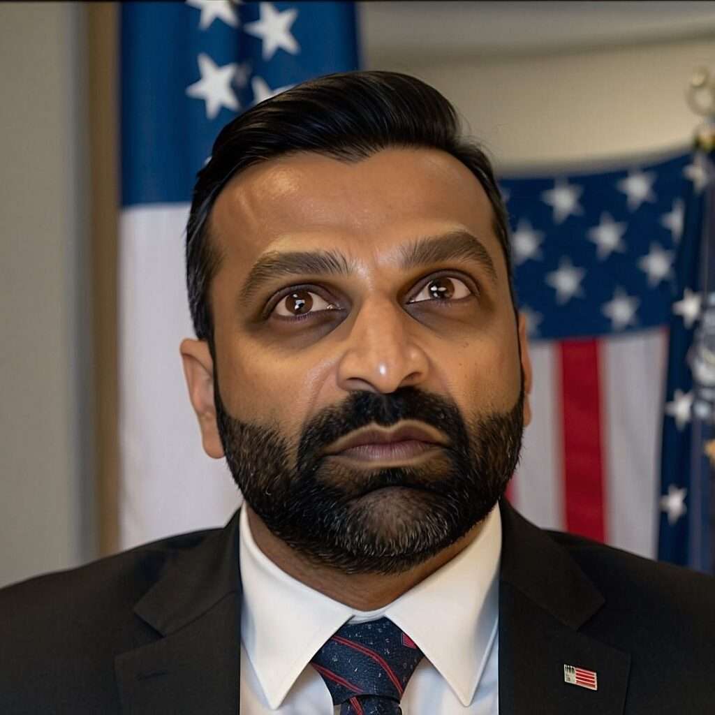 "Close-up portrait of Kash Patel as FBI Director, wearing a formal suit with an American flag pin, standing in front of U.S. flags, representing leadership and federal authority."

