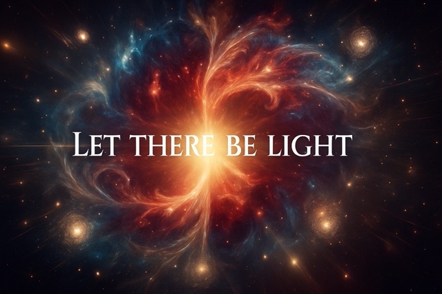 Digital cosmic artwork illustrating the Genesis creation event with radiant light explosion and sacred text "Let There Be Light" in Cinzel font, symbolizing the birth of the universe.