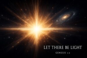 Cinematic digital artwork depicting Genesis 1:3, "Let There Be Light," with a radiant burst of divine light expanding into the cosmos, surrounded by newly forming galaxies and nebulae in a sacred creation scene.