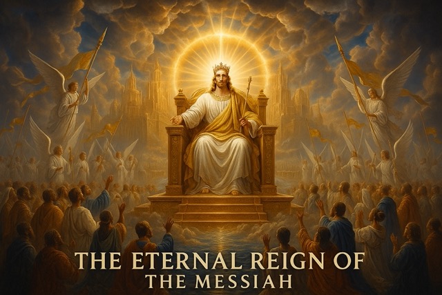 “Jesus seated on His eternal throne in radiant light, surrounded by worshippers from every nation, fulfilling prophecy of His everlasting reign”