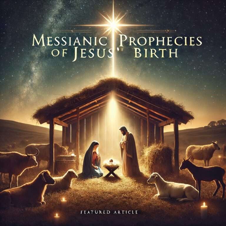 A serene nativity scene featuring Mary, Joseph, and baby Jesus in a stable with a bright star shining above, illustrating the fulfillment of Messianic prophecies about Jesus' birth.