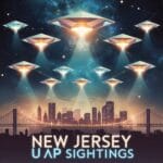 "Cluster of mysterious lights in New Jersey sky, related to UAP sightings. A realistic depiction of the New Jersey UAP sightings at night, featuring glowing aerial objects hovering silently over a suburban neighborhood with a faint silhouette of the New Jersey skyline in the background."