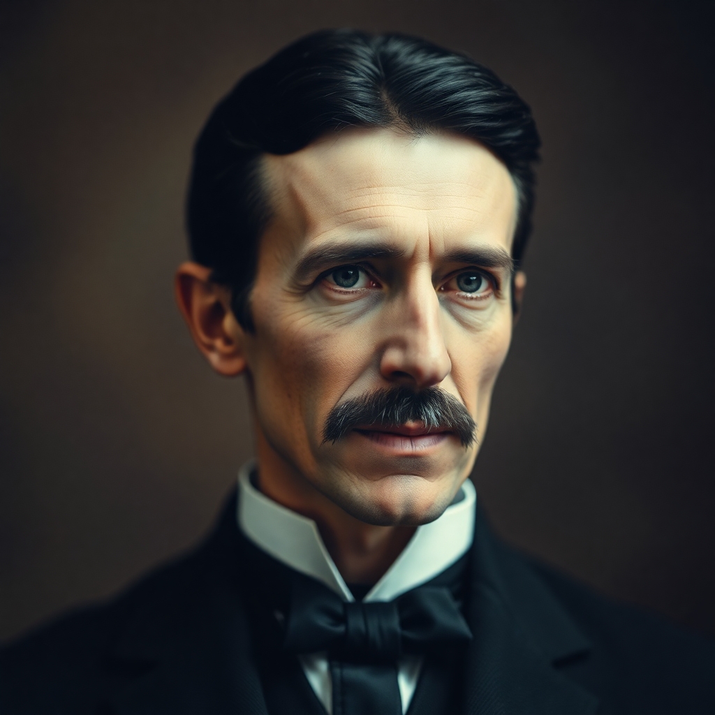 “A soft-focus cinematic portrait of Nikola Tesla with smooth gradient color transitions and a hazy background, evoking his visionary persona.”

