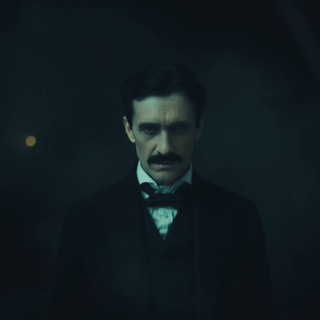 “A cinematic portrait of Nikola Tesla in a soft, eerie haze with dark tones and unsettling details, evoking his mysterious persona.”

