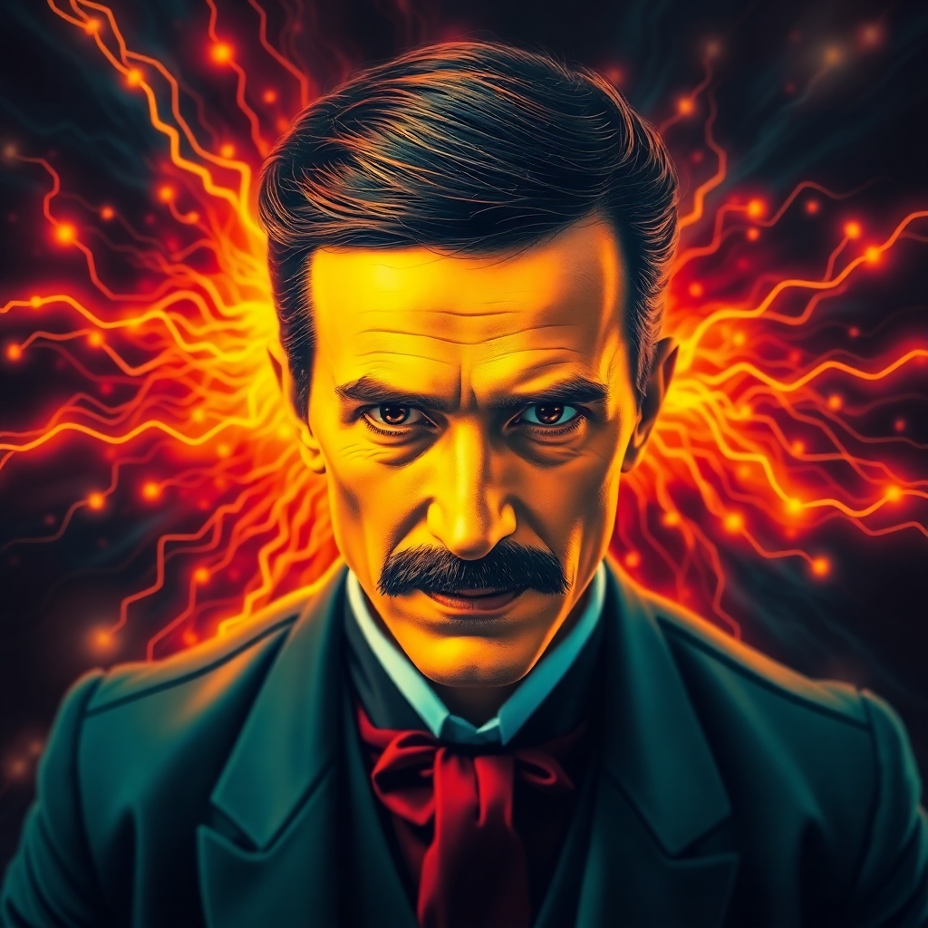 “Overhead bird’s eye view of Nikola Tesla rendered in vivid electric colors, symbolizing energy and innovation.”

