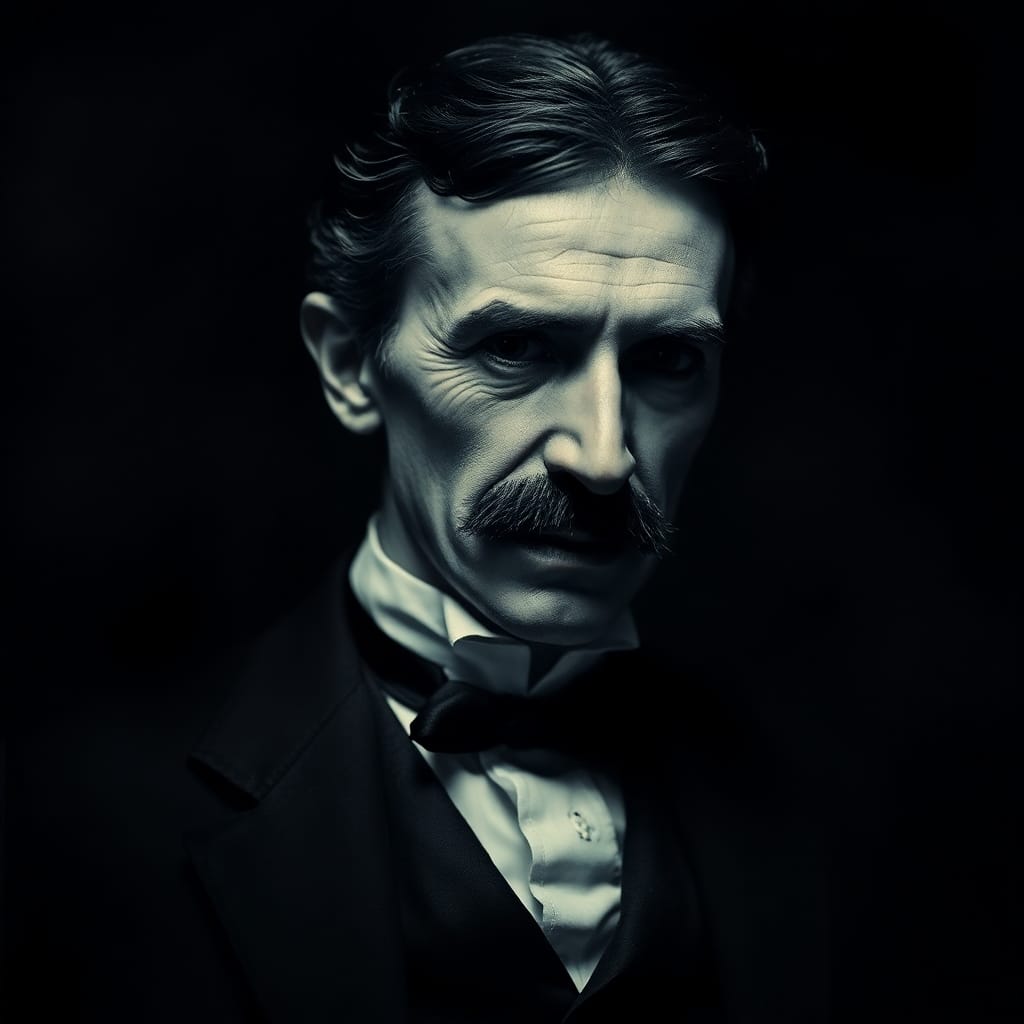 “A moody portrait of Nikola Tesla with dark tones, low contrast, and an unsettling atmosphere, reflecting his enigmatic personality.”

