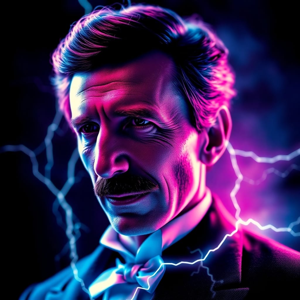 “A vivid portrait of Nikola Tesla in dramatic electric colors, with intense lighting and high contrast, symbolizing energy and innovation.”

