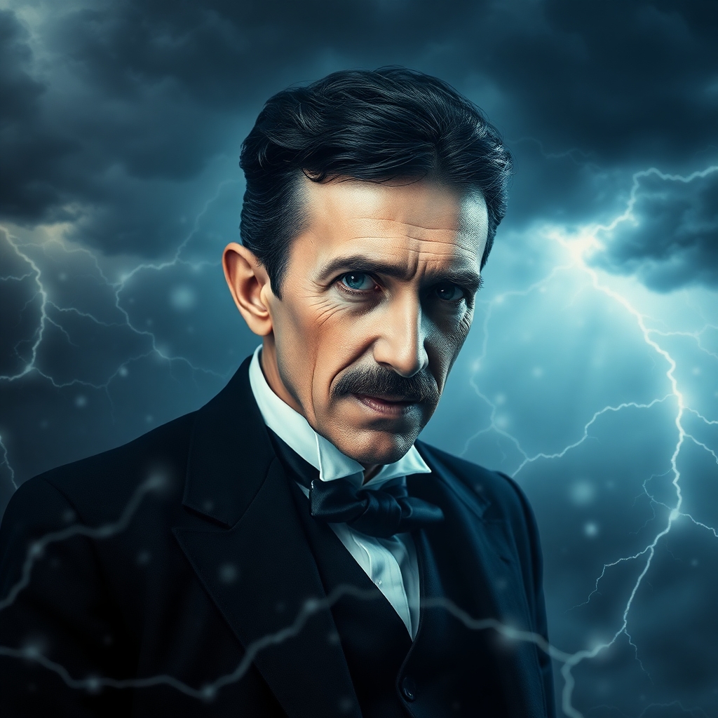 “A dramatic portrait of Nikola Tesla amidst intense stormy weather, emphasizing high tension and his powerful connection to electricity.”

