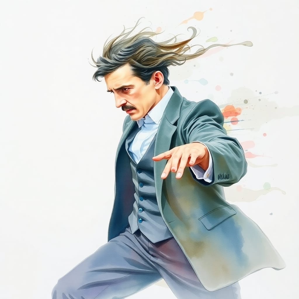 “A dynamic watercolor painting of Nikola Tesla in motion, featuring fluid brushstrokes and blurred lines to symbolize his revolutionary energy.”

