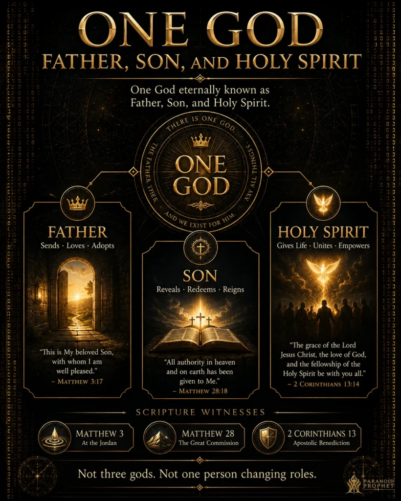 Christian Trinity infographic showing one God with distinct Father, Son, and Holy Spirit panels, supported by Scripture witnesses from Matthew 3, Matthew 28, and 2 Corinthians 13.