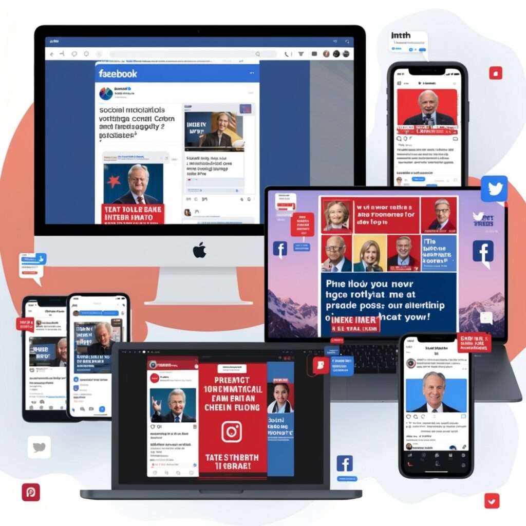 A collage of various social media platforms like Facebook, Instagram, and Truth Social, showcasing political ads and viral campaign posts, symbolizing digital ad spending in political campaigns.