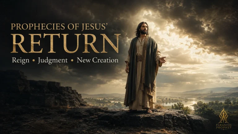 Jesus stands beneath opening storm clouds above a renewed landscape, illustrating His promised return, righteous reign, final judgment, and the new creation.