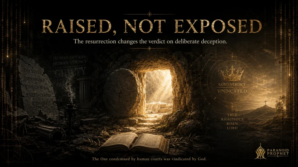 Dark Christian editorial banner showing the empty tomb between fading accusations of deception and symbols of God’s vindication, with the title Raised, Not Exposed.