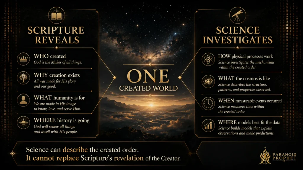Christian evidence-map banner showing Scripture revealing who created, why creation exists, humanity’s purpose, and history’s direction, while science investigates physical processes within one created world.