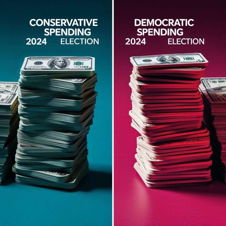 "2024 Presidential Campaign Spending Comparison: Conservative vs. Democratic Parties, with Conservative side featuring lower spending and Family Values, while the Democratic side highlights Celebrity Endorsements and higher financial backing."