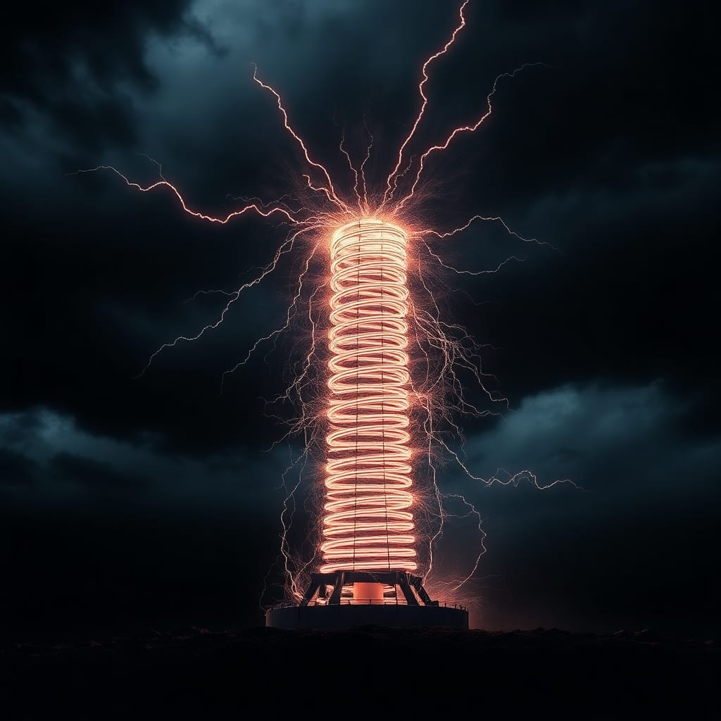 “Artistic representation of a Tesla coil emitting vibrant electric arcs and energy, showcasing Nikola Tesla’s revolutionary invention.”

