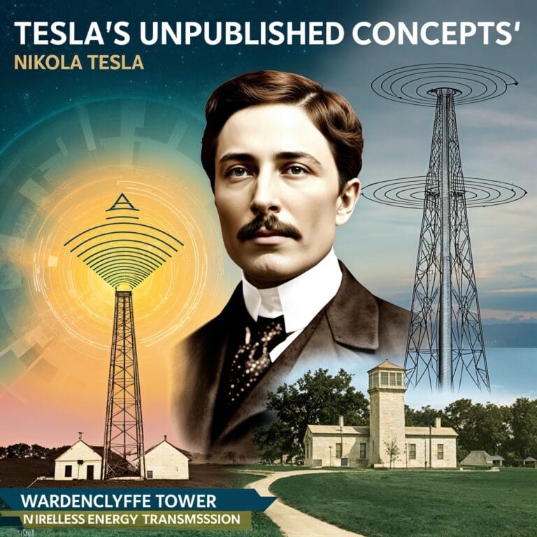 Nikola Tesla surrounded by visual representations of his unpublished concepts, including wireless energy, robotics, thought projection, and weather control.