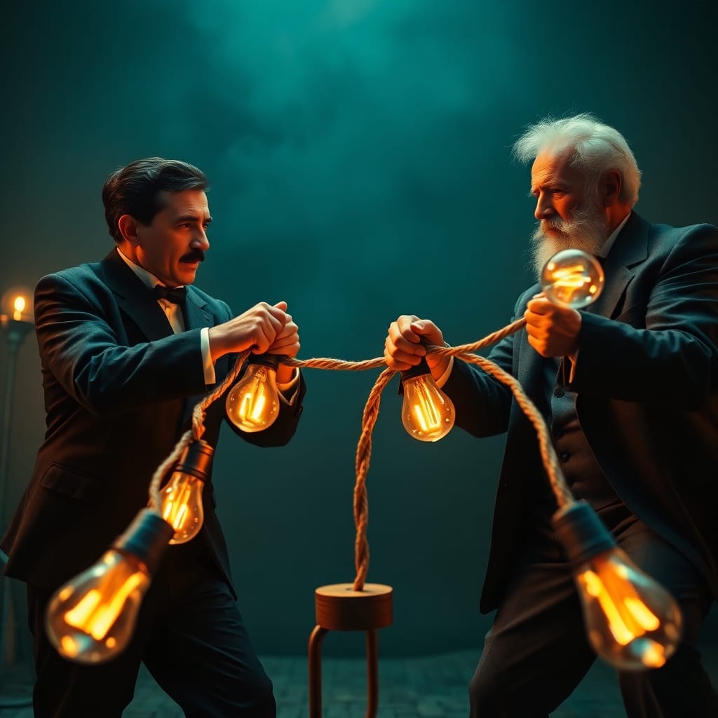 “Dramatic cinematic image of Nikola Tesla and Thomas Edison engaged in a tug of war with a rope of glowing light bulbs, symbolizing the War of the Currents.”

