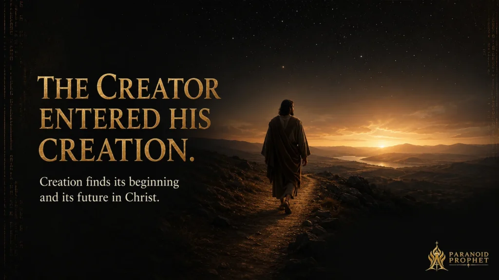Jesus walking along a dark mountain path toward a golden dawn beneath a star-filled sky, illustrating that the Creator entered His creation and leads it toward renewal.