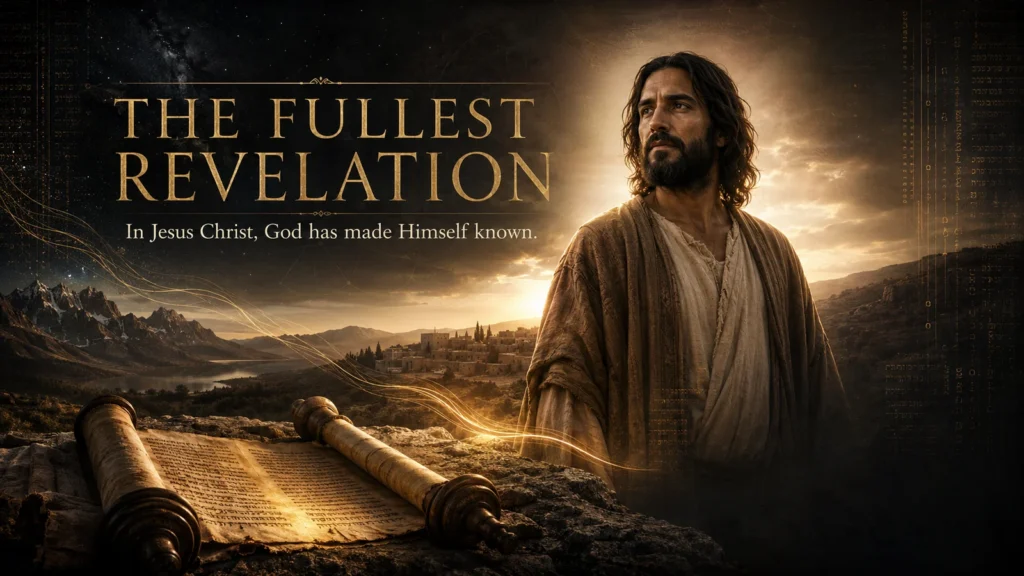Christian editorial banner showing Jesus Christ beside an open ancient Scripture scroll at dawn, presenting Christ as the fullest revelation of God.