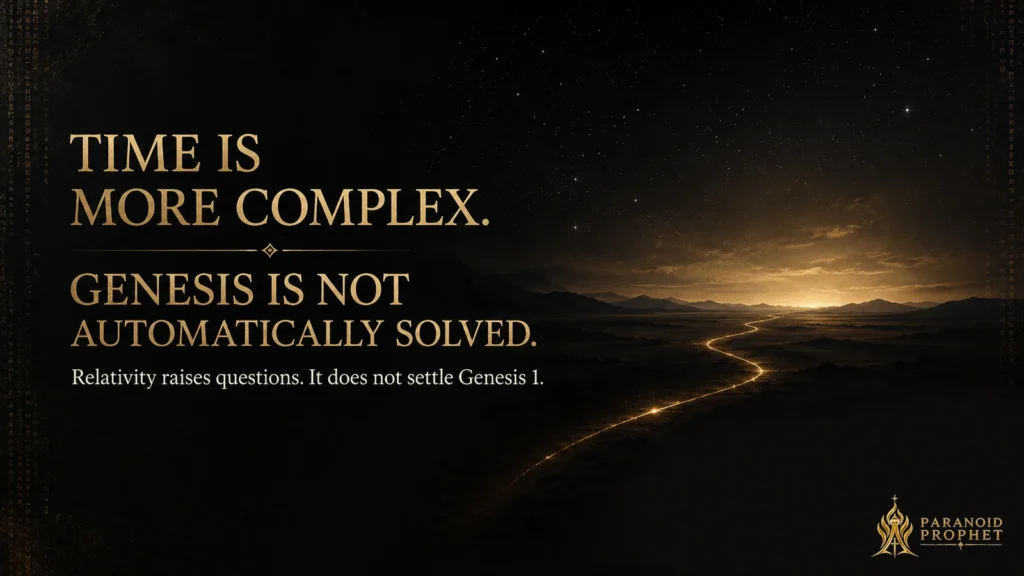Dark star-filled sky above a distant mountain horizon and a winding line of golden light, illustrating that relativity makes time more complex without automatically settling Genesis 1.