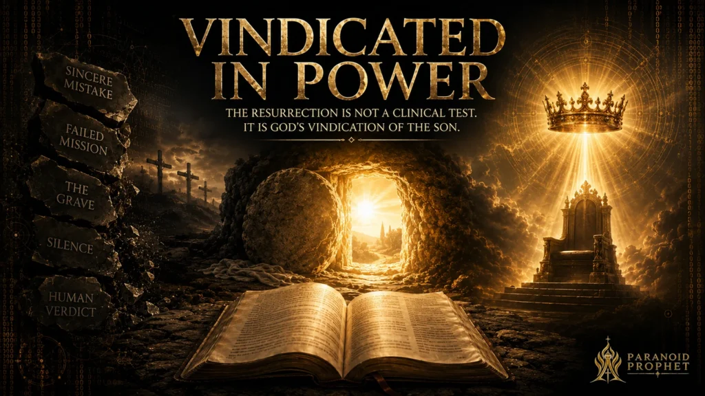 Dark Christian editorial banner showing the empty tomb, open Scripture, a crown, and fading human accusations, presenting the resurrection as God’s vindication of the Son.