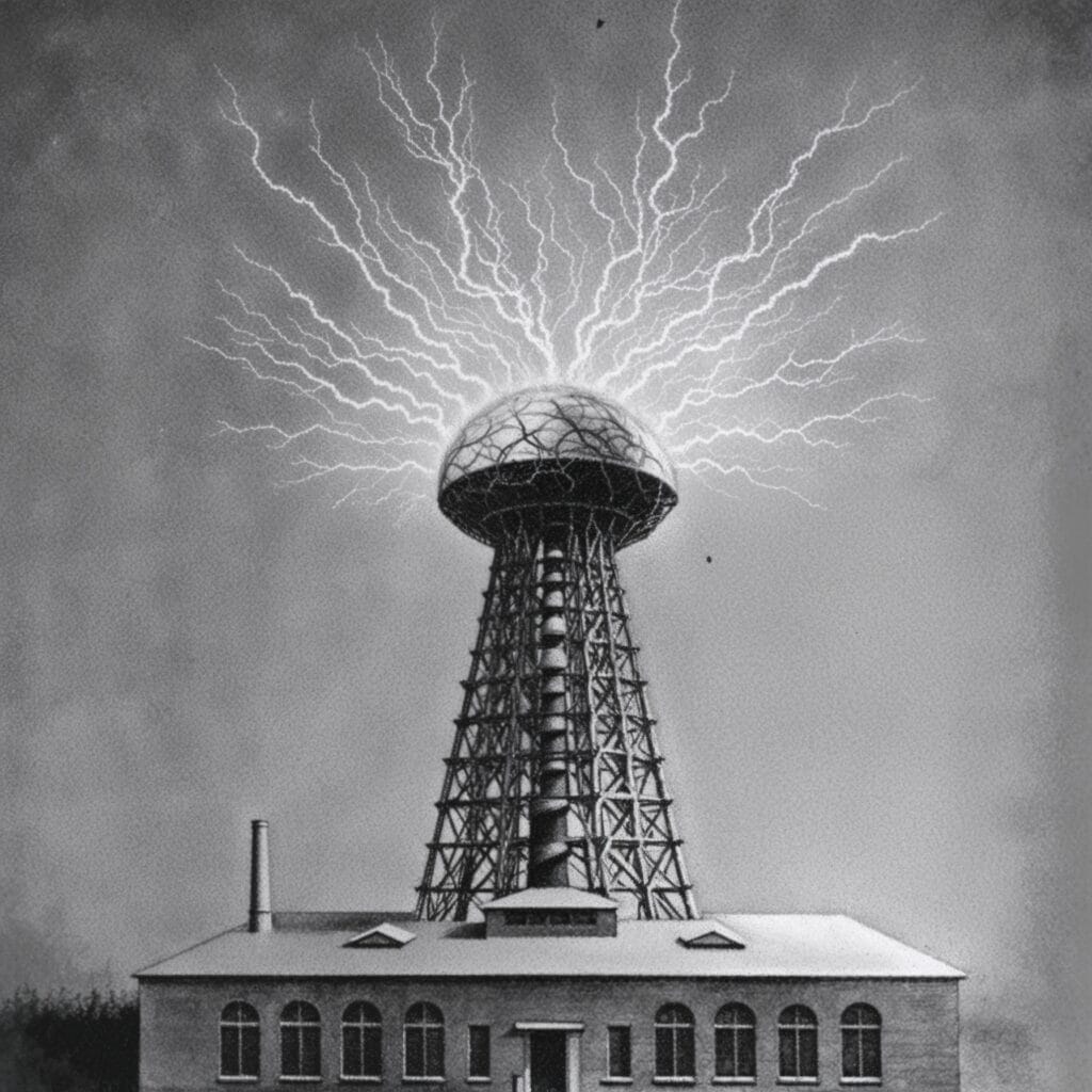 “Wardenclyffe Tower emitting electric arcs, representing Nikola Tesla’s wireless energy transmission experiments.”

