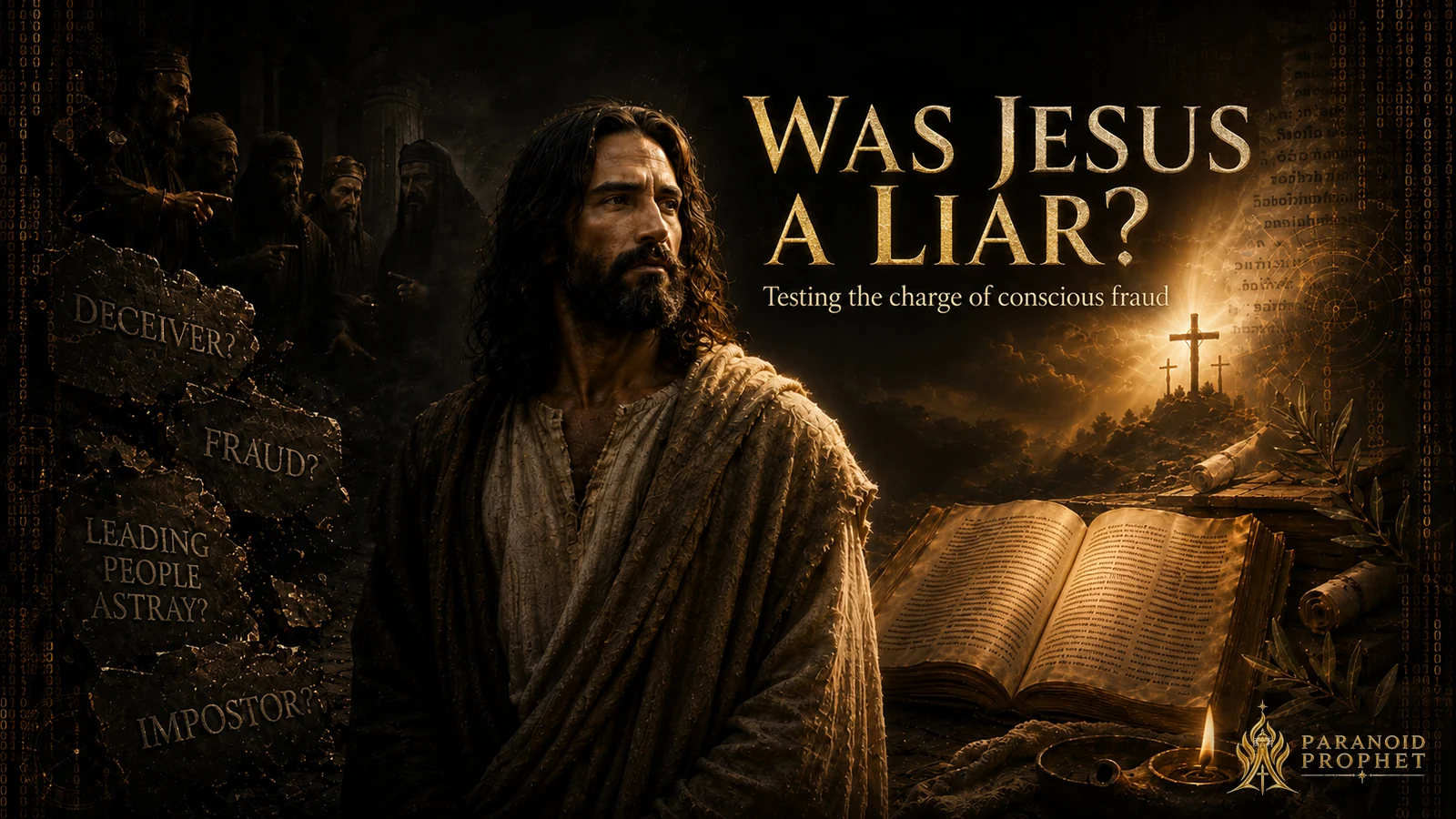 Featured image asking whether Jesus was a liar, showing Him composed between hostile accusations of fraud and deception on one side and open Scripture with the cross on the other.
