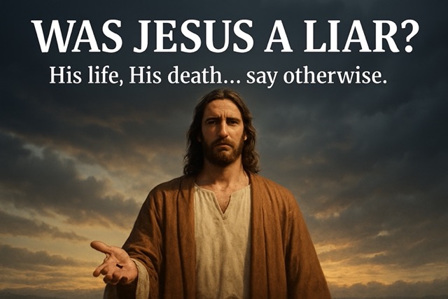 “Realistic portrait of Jesus Christ with overlay text saying ‘Was Jesus a Liar? His life, His death… say otherwise,’ conveying truth through His sacrifice”