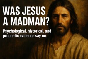 “Realistic painting of Jesus Christ with intense expression, light surrounding His head, and overlay text ‘Was Jesus a Madman?’ conveying depth and spiritual clarity”