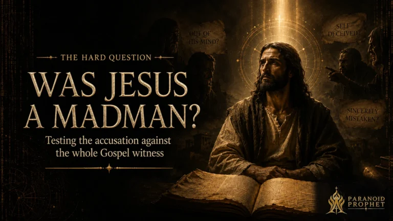 Featured image asking whether Jesus was a madman, showing Him composed before open Scripture while accusers question whether He was out of His mind, self-deceived, or sincerely mistaken.
