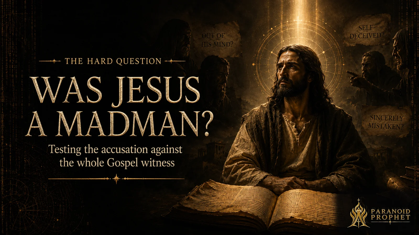 Featured image asking whether Jesus was a madman, showing Him composed before open Scripture while accusers question whether He was out of His mind, self-deceived, or sincerely mistaken.