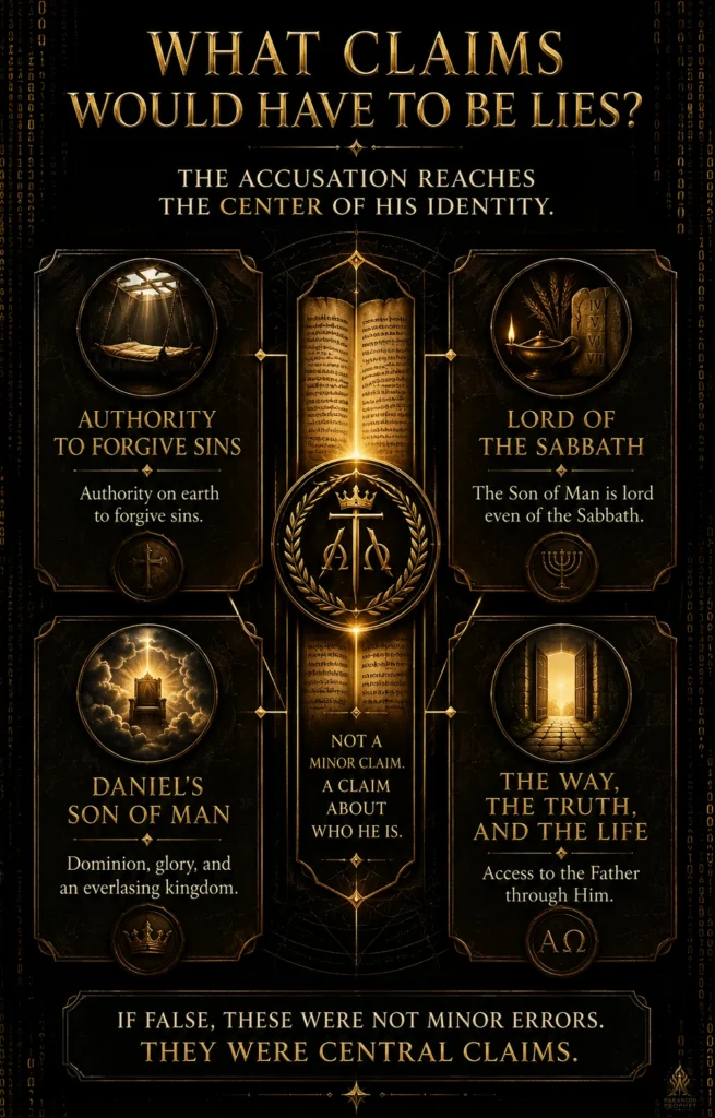 Infographic showing four central claims attributed to Jesus: authority to forgive sins, Lord of the Sabbath, Daniel’s Son of Man, and the Way, the Truth, and the Life.