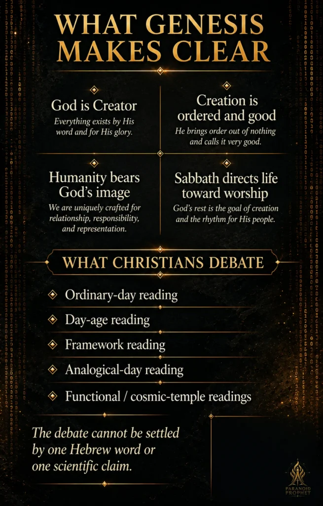 Christian infographic distinguishing what Genesis clearly teaches about God, creation, humanity, and Sabbath from the major Christian interpretations of the creation days.