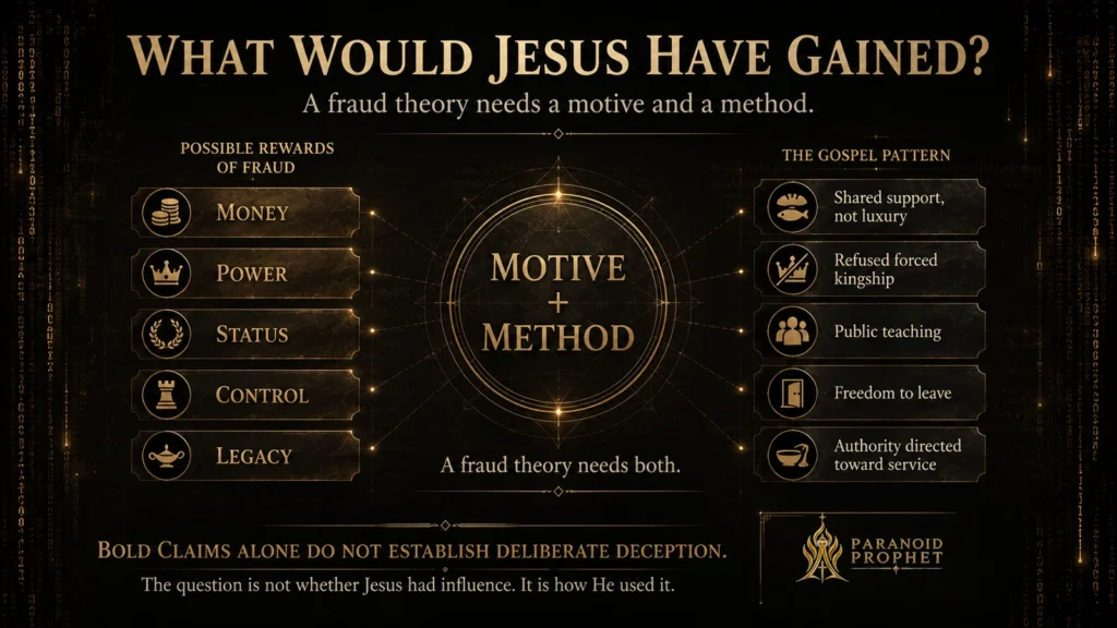 Christian evidence-map banner comparing possible rewards of religious fraud—money, power, status, control, and legacy—with the Gospel pattern of shared support, refused forced kingship, public teaching, freedom to leave, and authority directed toward service.