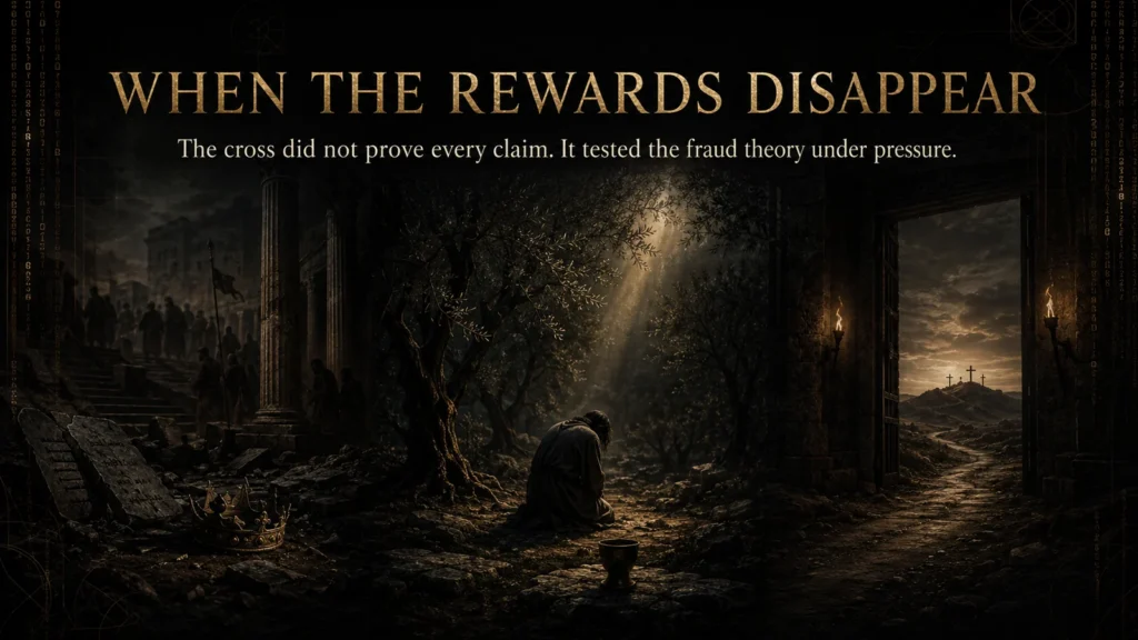 Dark Christian editorial banner showing a kneeling figure in Gethsemane between fading public authority and distant crosses, illustrating how the trial and cross tested the theory that Jesus knowingly deceived people.